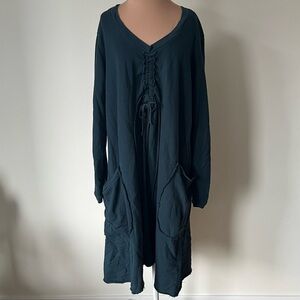 Bodil Collection Cotton Long Sleeve Teal Lagenlook V-Neck Oversized Dress NWT S